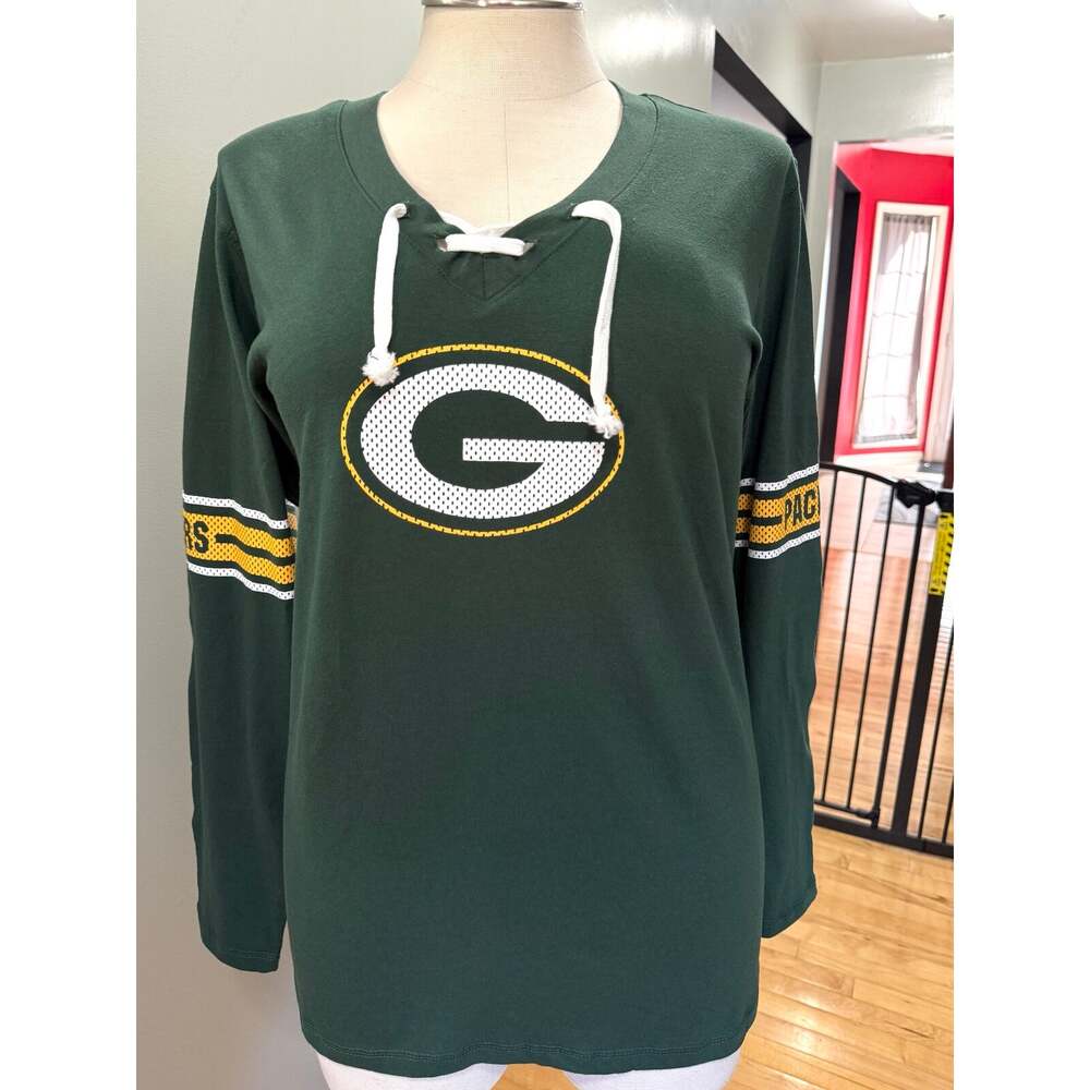 NFL Team Apparel Green Bay Packers Lace Up Long Sleeve T Shirt Womens Plus 2X